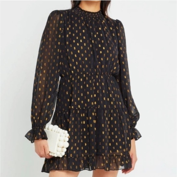 Anthropologie Dresses & Skirts - Anthropologie Lluvia OPT Smocked Long Sleeve Mini Dress Black Combo XS Gold